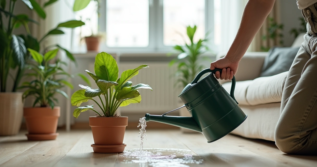 Pessoa regando plantas de apartamento com excesso de água no piso 