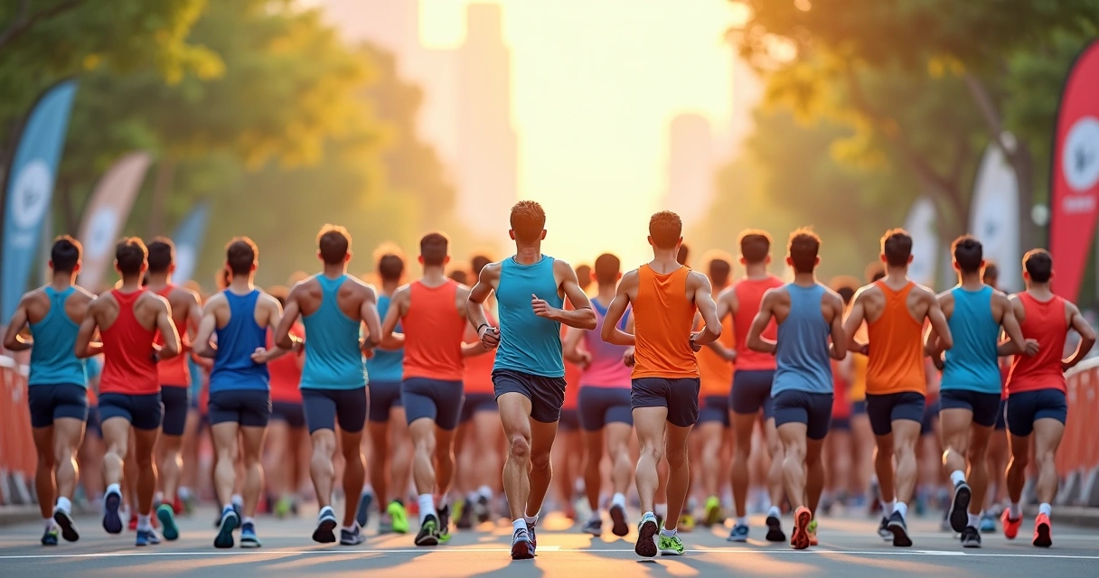 Grupo de corredores usando regatas técnicas personalizadas alinhados para largada de corrida