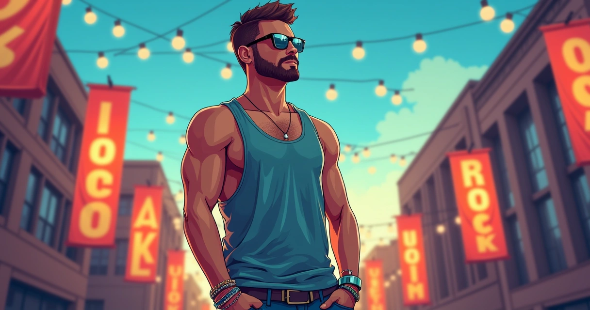 Homem com regata estilosa e acessórios modernos em ambiente urbano