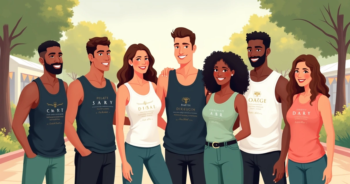 Grupo com regatas personalizadas em cores diferentes e estampas coordenadas 