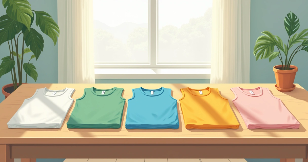 Regatas masculinas em diferentes cores e cortes, organizadas em uma mesa de madeira clara.