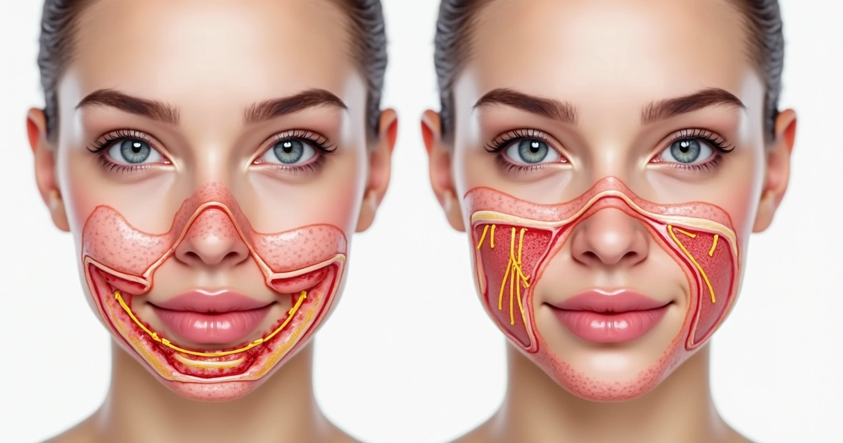 Pele facial humana vista em corte transversal após aplicação de peeling, mostrando camadas da pele regenerando 