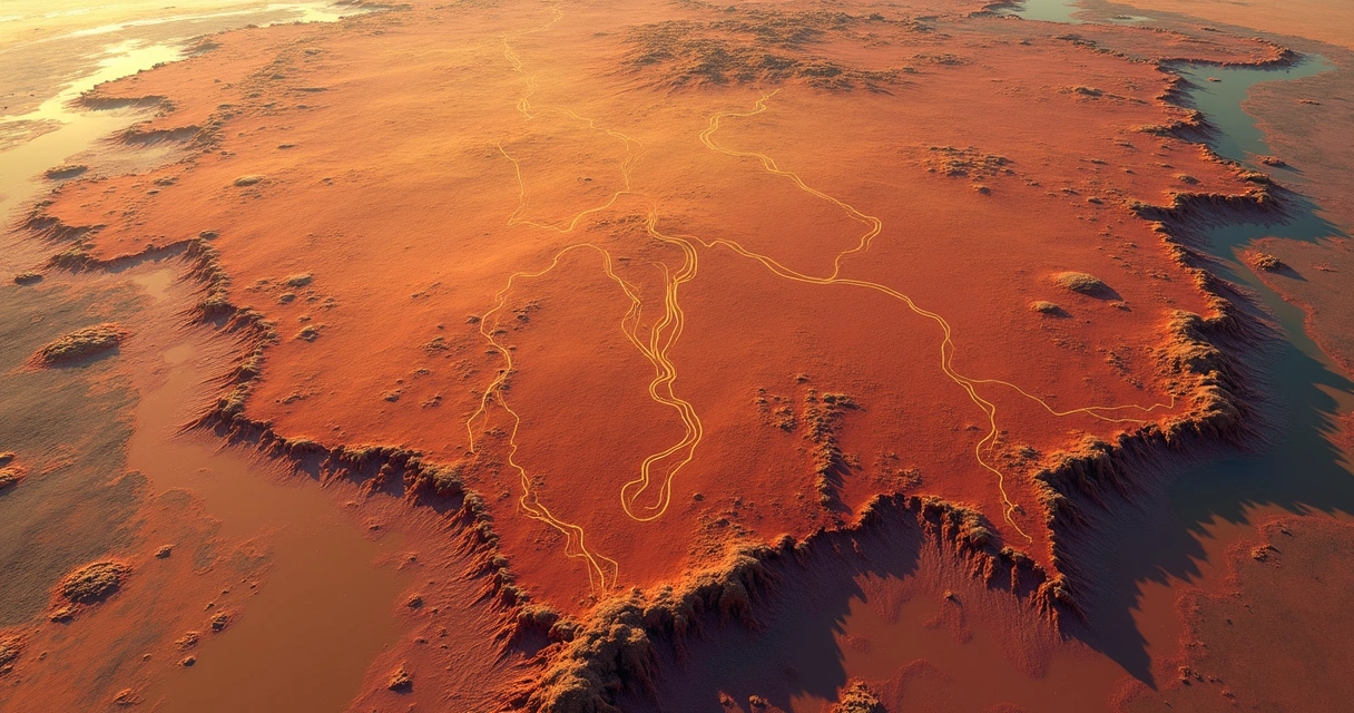 Mapa colorido da região Amazonis Planitia em Marte mostrando trilhas de redemoinhos.