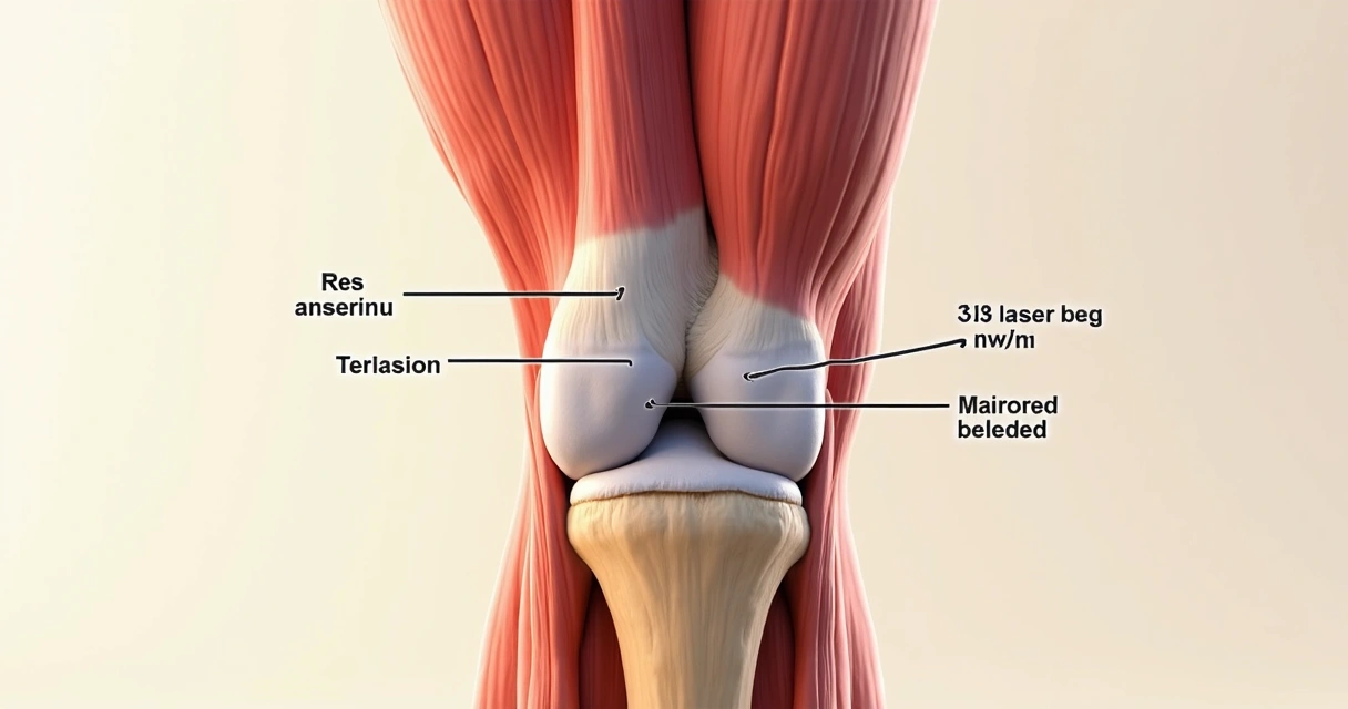 Ilustração anatômica da parte medial do joelho com destaque para a região da pata de ganso próximo à tíbia 