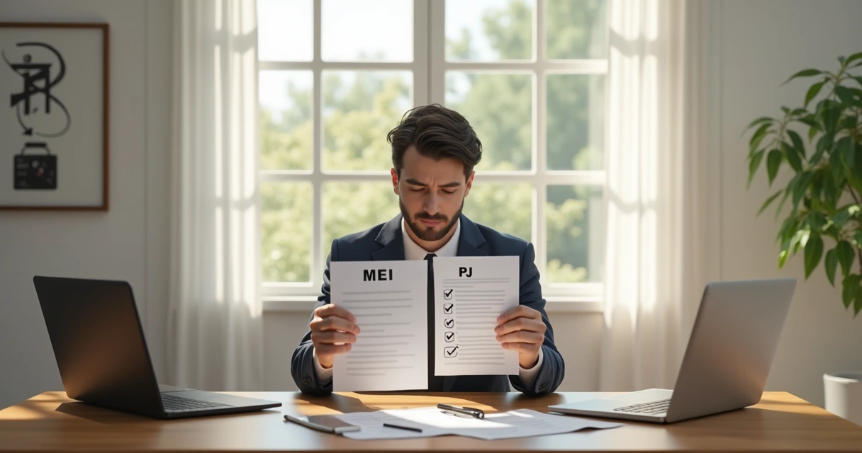 Homem olhando dois papéis com símbolos de MEI e PJ. 