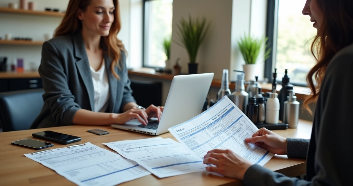 Salão de beleza com documentos fiscais e planilhas na mesa 