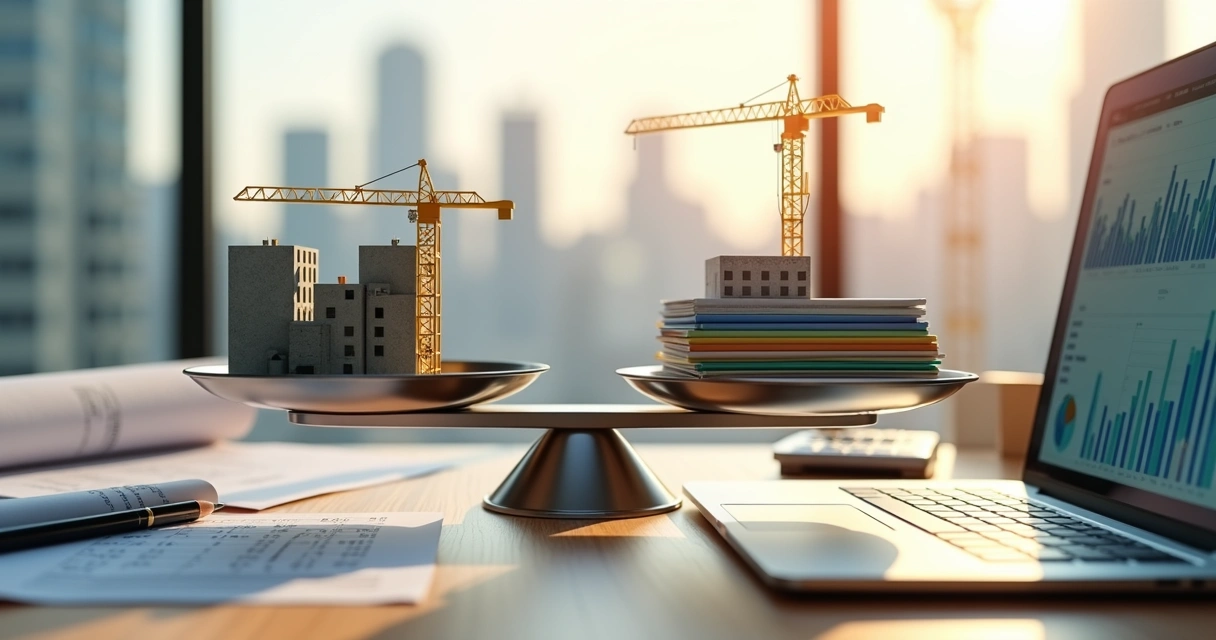 Balança metálica com prédios em miniatura e gráficos fiscais coloridos na base 