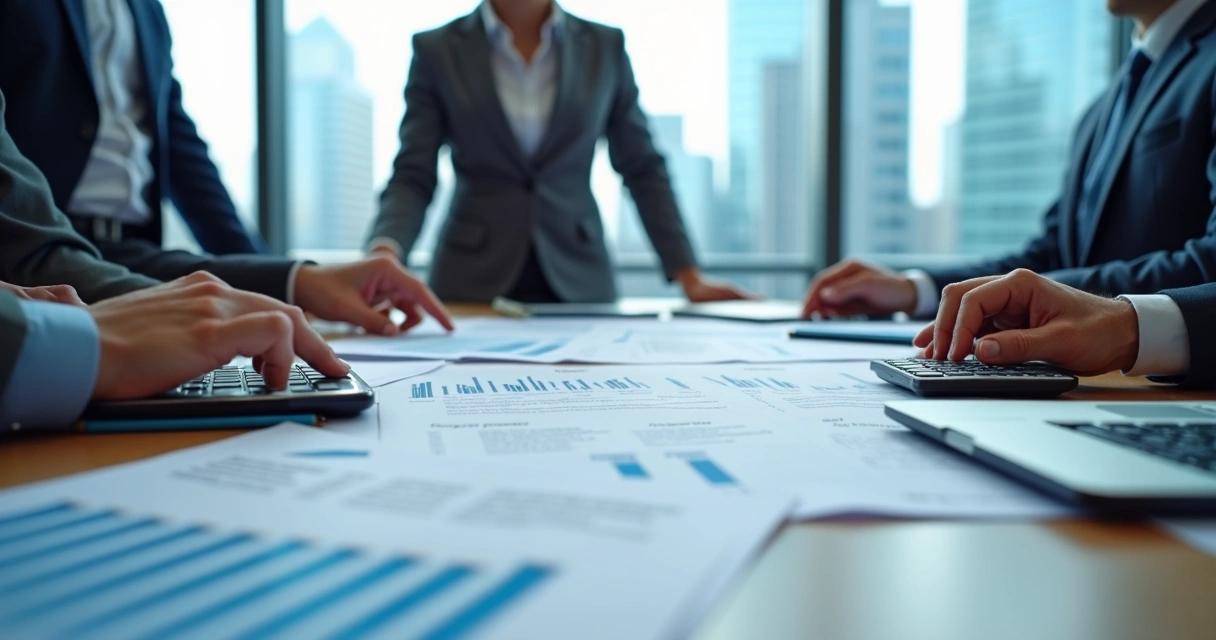 Mesa de reunião com documentos de imóveis e gráficos de impostos 