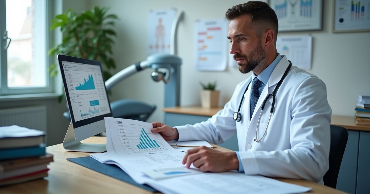 Dentist reviews documents and tax regulations at desk 