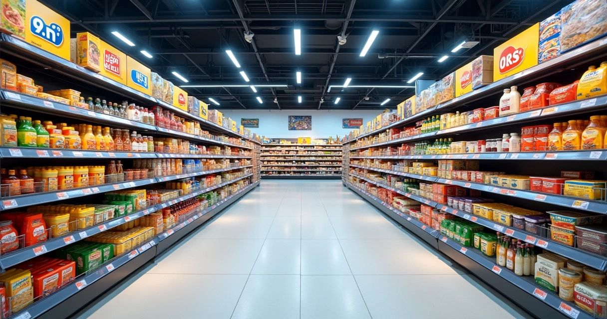 Corredor de supermercado com prateleiras de diferentes produtos e placas de impostos