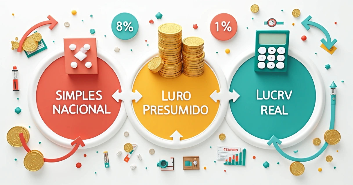 Infográfico colorido mostrando Simples Nacional, Lucro Presumido e Lucro Real separados por setas e gráficos