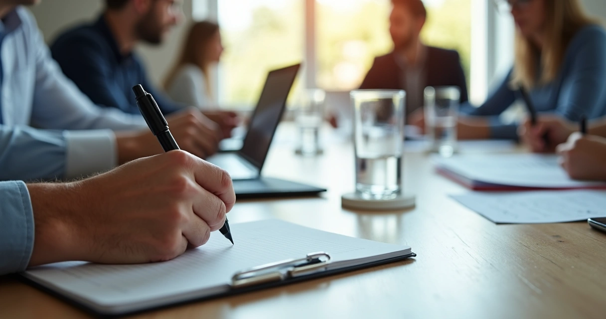 Pessoa fazendo anotações em caderno durante reunião de equipe 