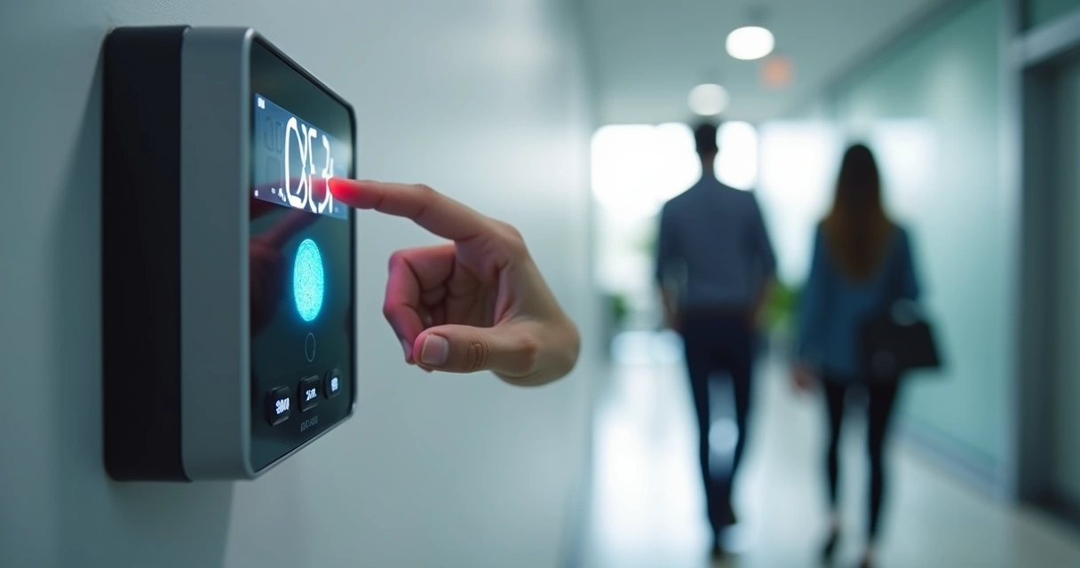 Funcionário usando aparelho de ponto digital na parede 