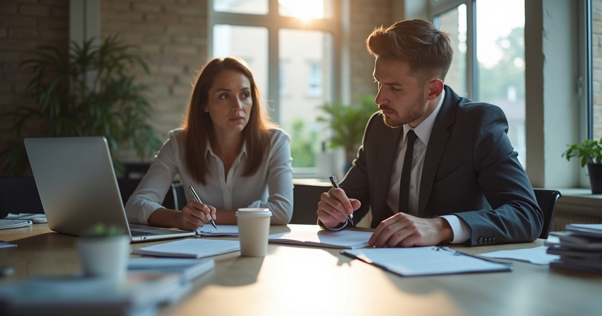Colega de trabalho registrando um relato em papel enquanto utiliza laptop na mesa 