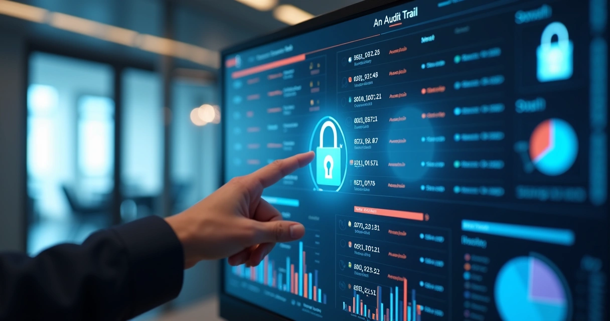 Interface digital mostrando um painel de auditoria com registros de votação e gráficos de segurança 