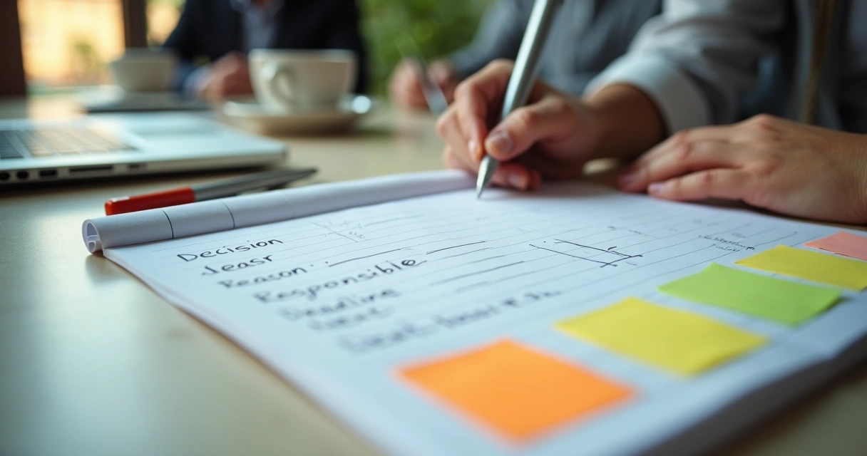 Caderno com pauta e acordos finais de reunião ao lado de laptop 