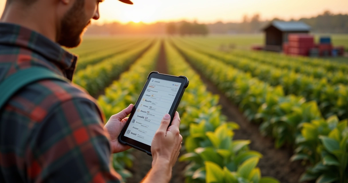 Técnico registrando dados agrícolas em tablet no campo