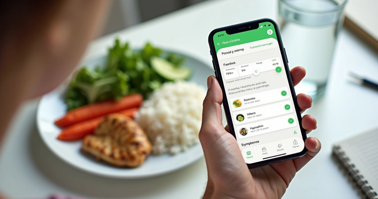Registro alimentar no celular com refeição ao lado