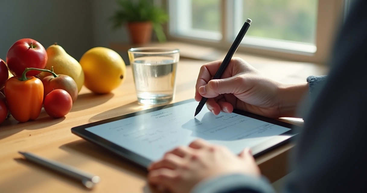 Persona anotando alimentos en un registro digital en tableta sobre mesa de madera 