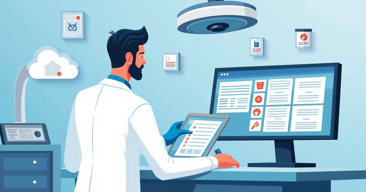 Ilustração corporativa de veterinário usando app de ficha anestésica digital em tablet 