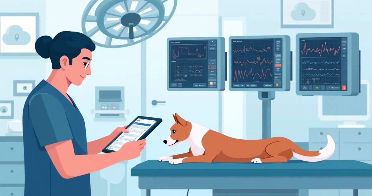 Ilustração corporativa de anestesista utilizando aplicativo digital para registro anestésico com monitores integrados e interface moderna 