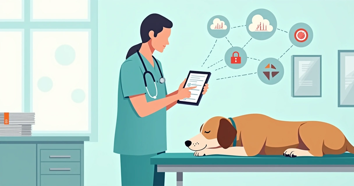 Veterinário preenchendo registro anestésico digital em tablet ao lado de cão anestesiado 