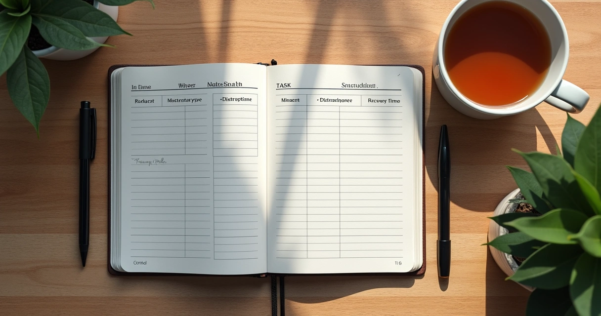Caderno com registro de lapsos de atenção e caneta sobre a mesa