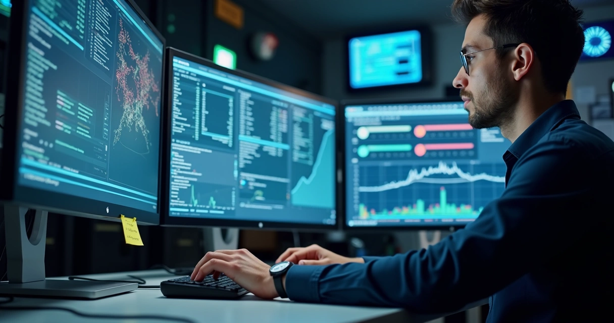Técnico de TI monitorando logs em telas de computador 
