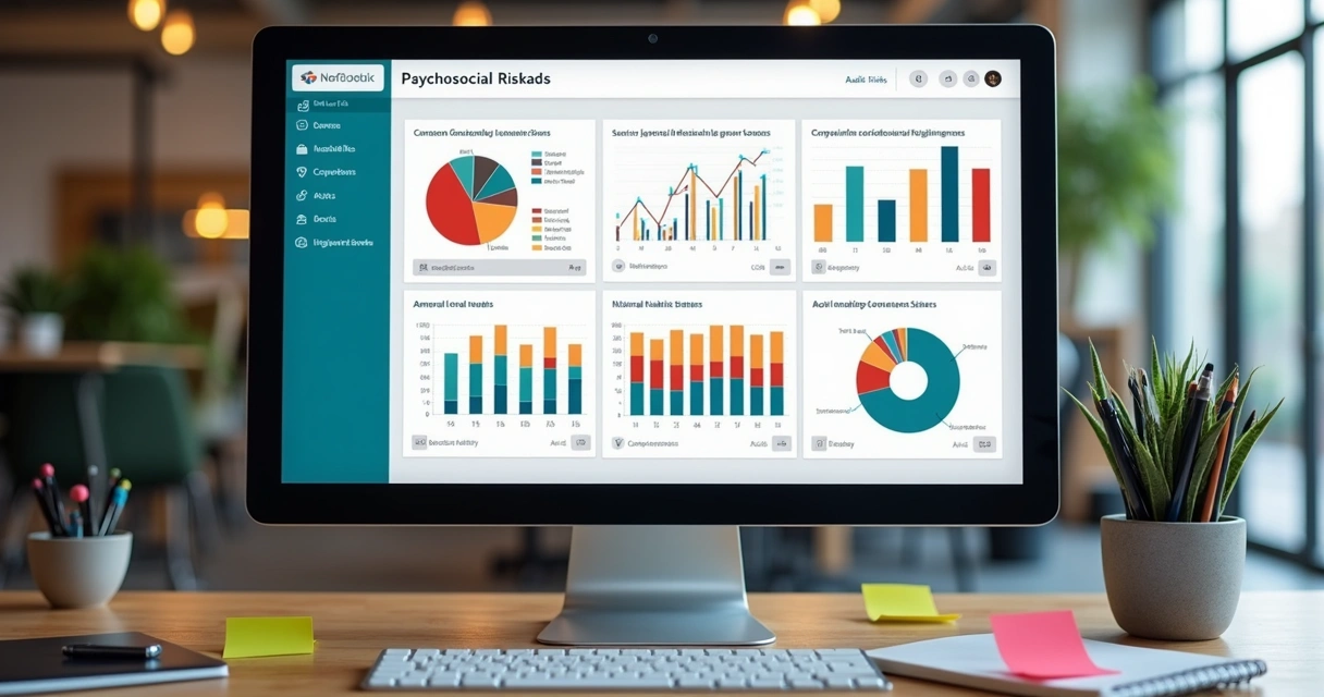 Dashboard de sistema mostrando gráficos de riscos psicossociais e relatórios auditáveis 