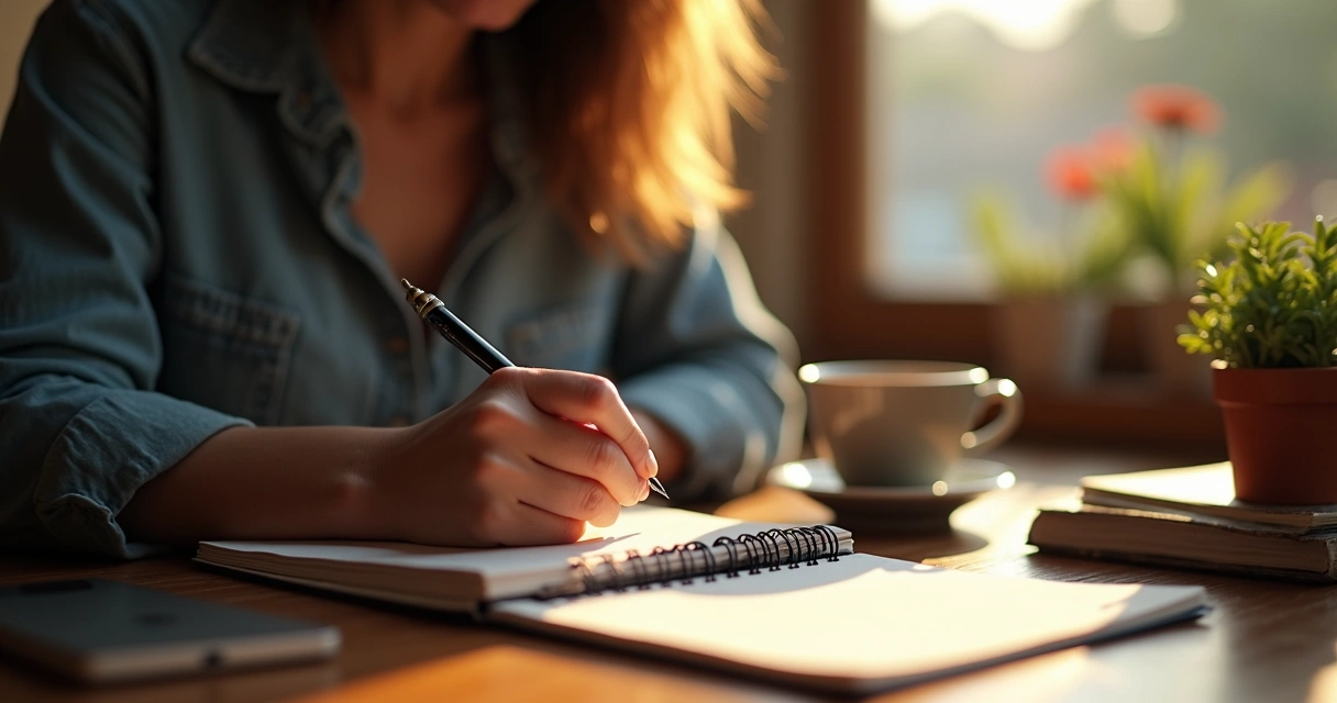 Mão escrevendo anotações em caderno pequeno ao lado de caneca