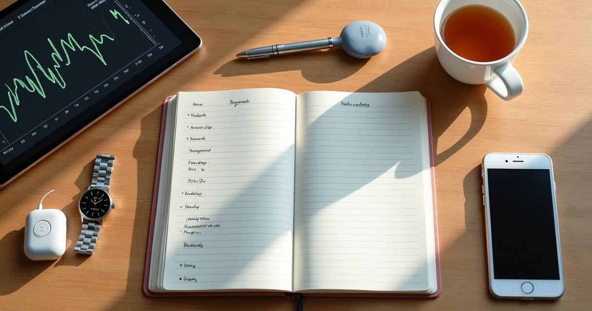 Caderno com registros diários ao lado de dispositivo de biofeedback 