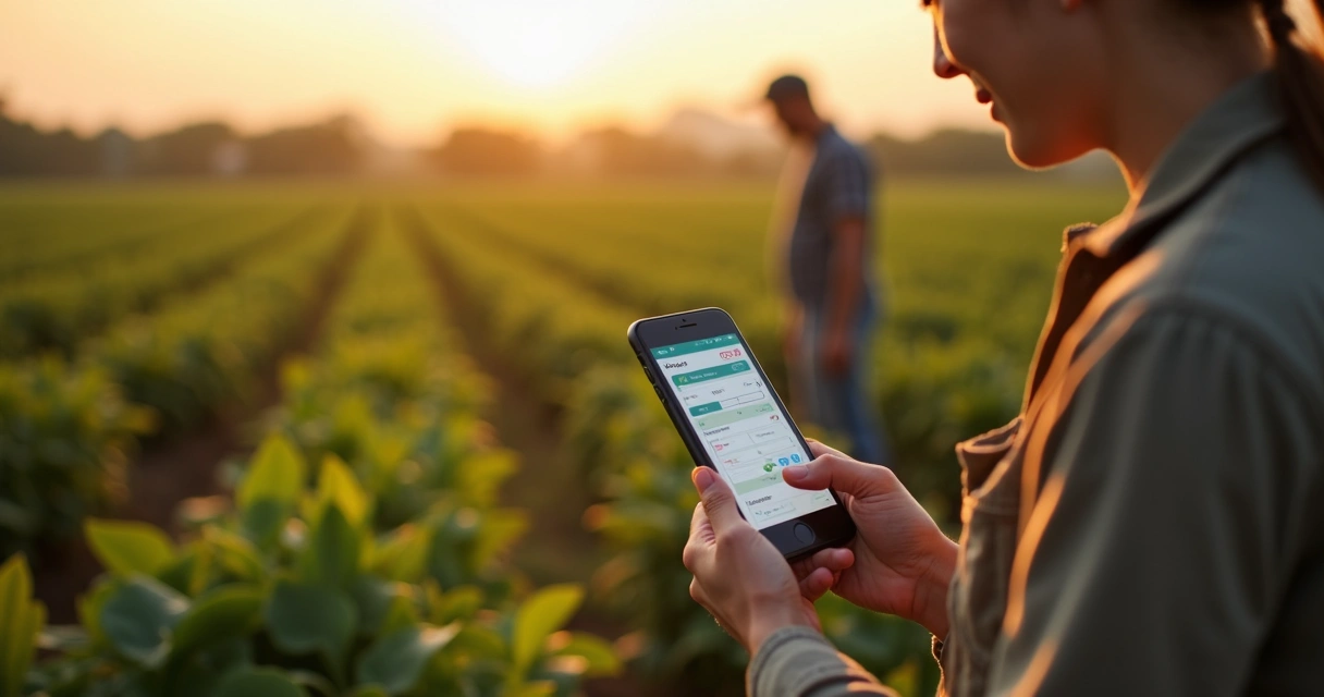 Técnico registrando aplicação agrícola no celular 