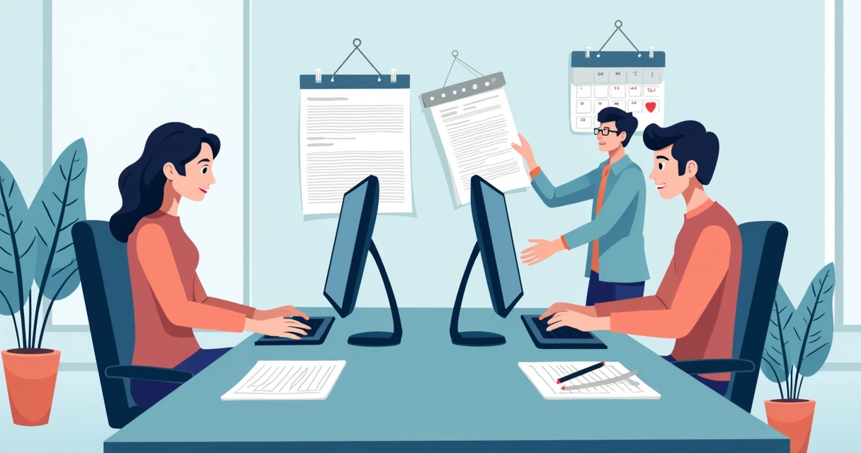 Equipe digitando documentos em computadores para registro eleitoral 