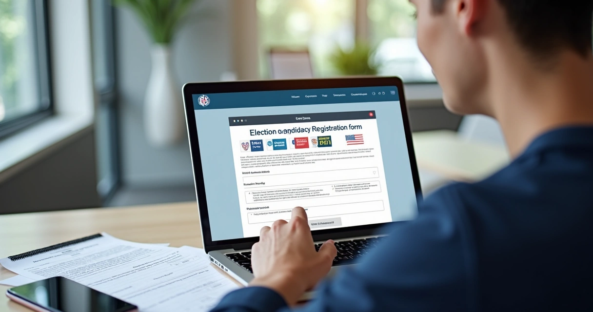 Pessoa preenchendo registro de candidatura em notebook 