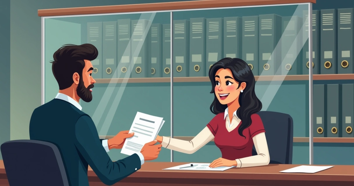 Cartório de registro de imóveis com atendente e proprietário 