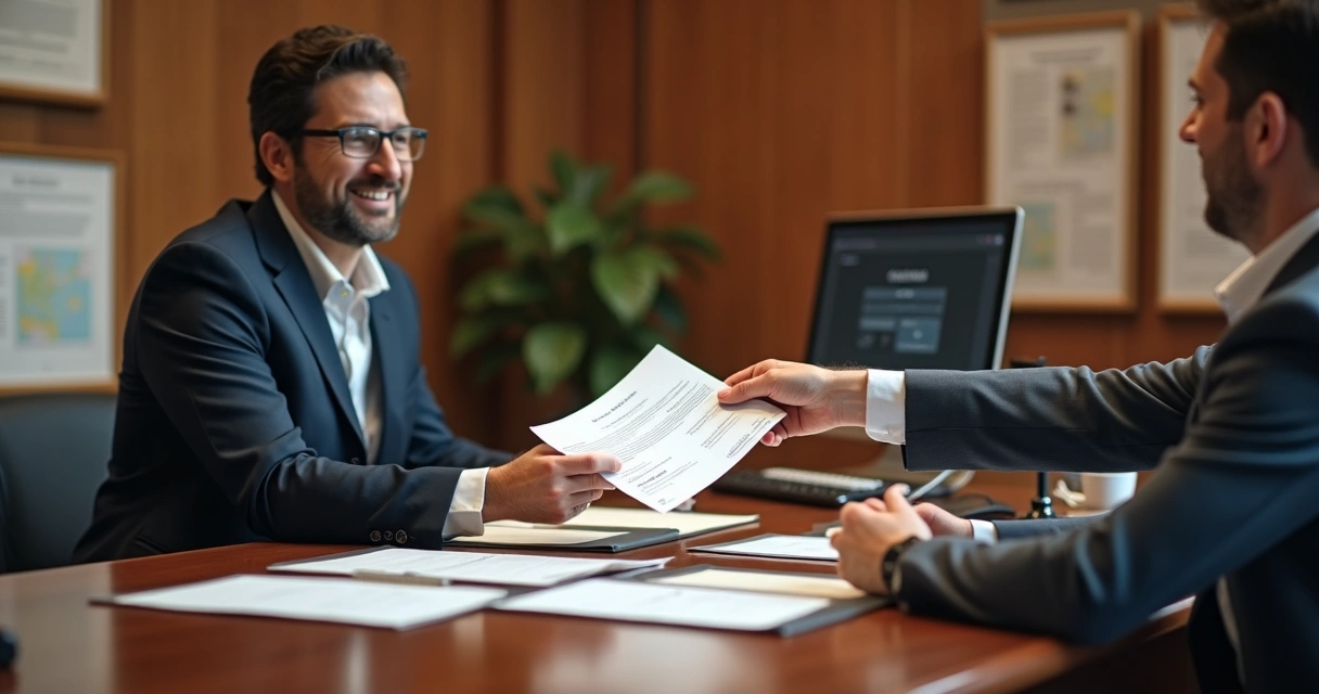 Escrivão entregando matrícula do imóvel na mão de requerente 