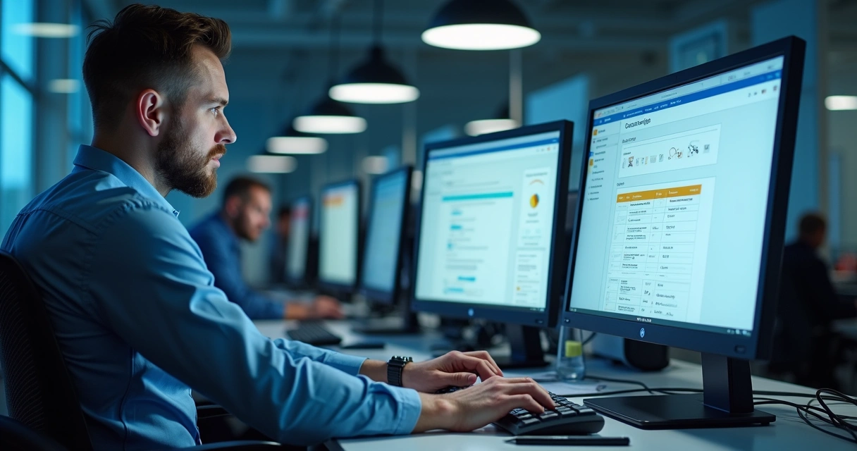 Técnico de TI analisando sistema centralizado em monitor duplo 