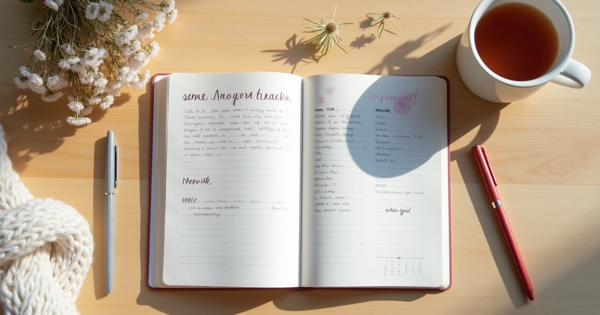 Caderno com anotações do ciclo e chá em mesa clara