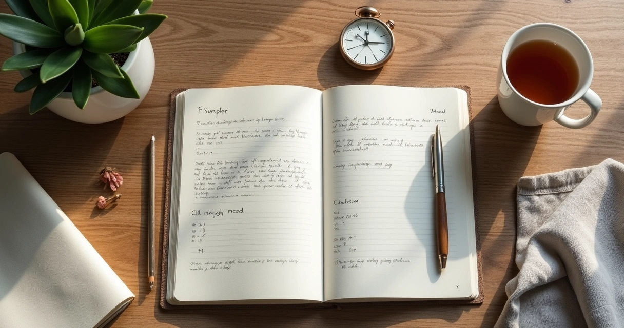 Caderno com anotações de meditação e relógio ao lado