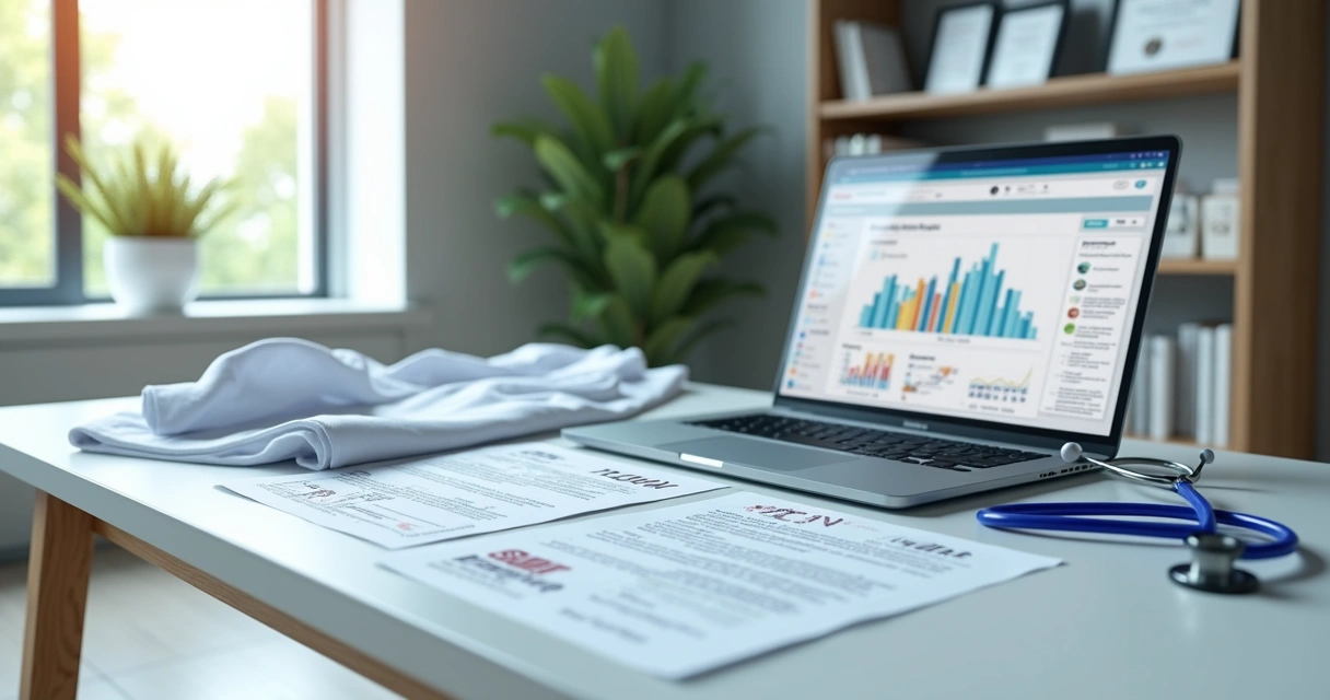 Mesa de escritório com documentos de registro de clínica odontológica, computador e estetoscópio 