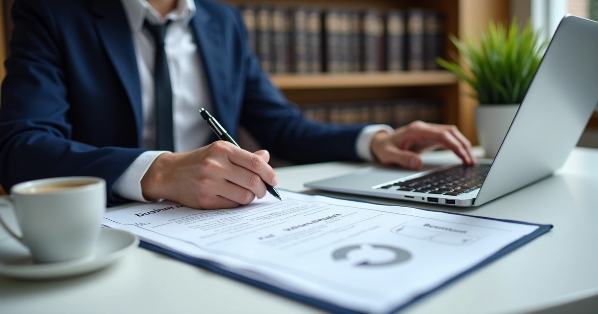 Advogado preenchendo formulário com documentos e notebook 