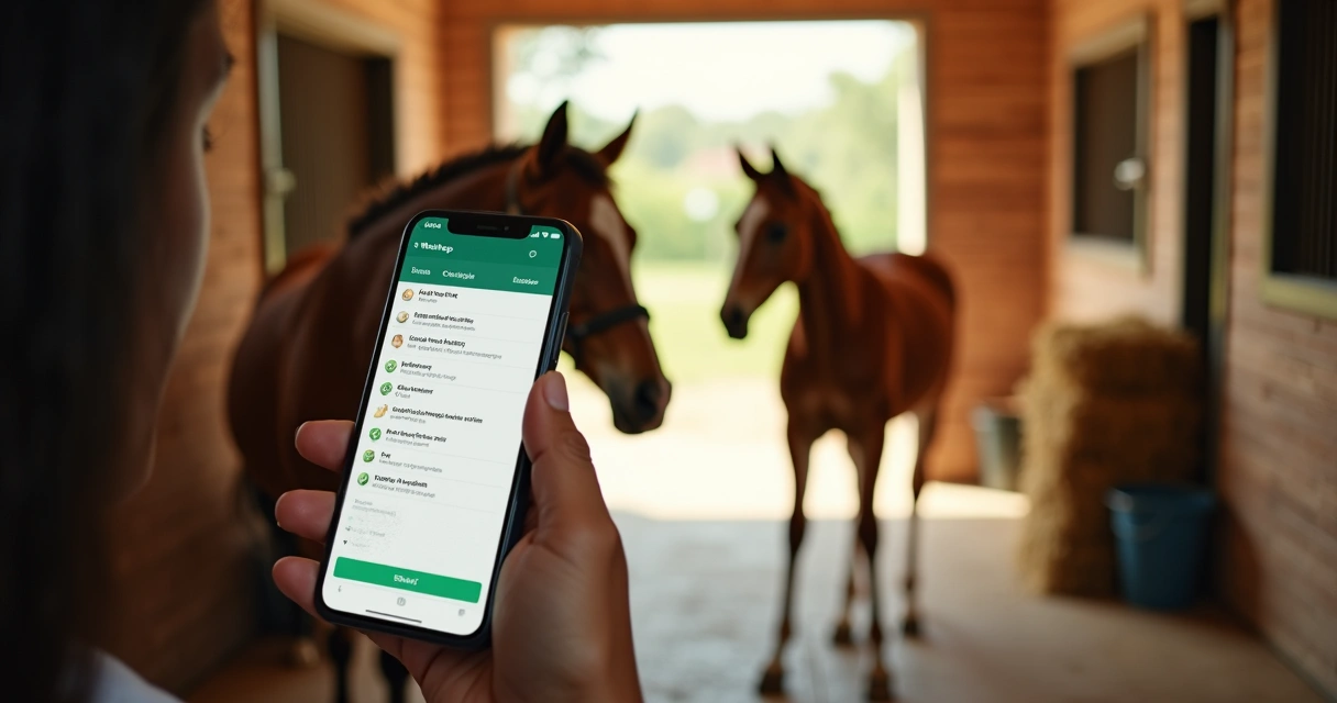 Criador de cavalos registrando cobertura e prenhez no WhatsApp em haras organizado 