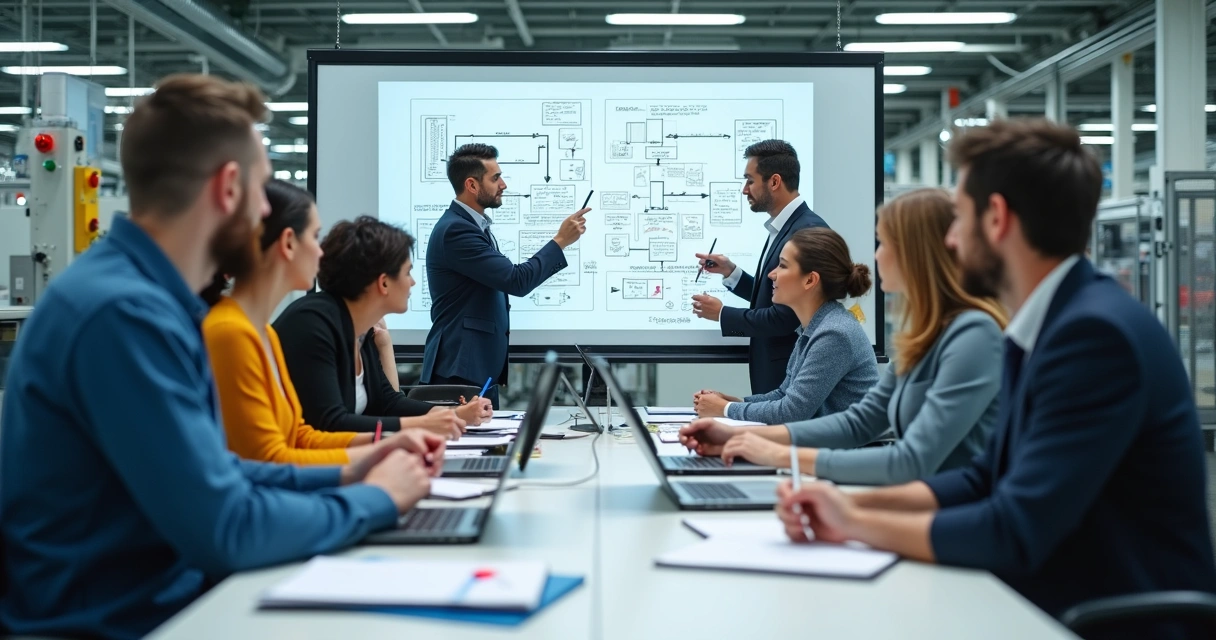 Equipe industrial reunida documentando conhecimento em quadros e laptops 