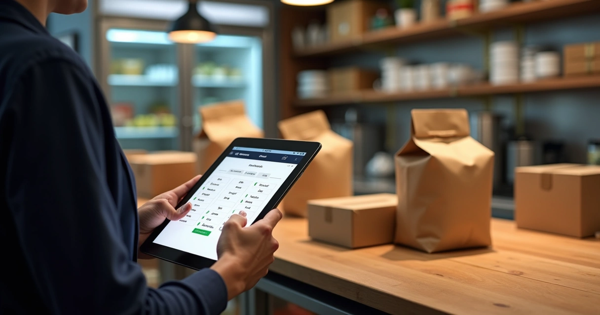 Funcionário registrando compras de alimentos em sistema digital