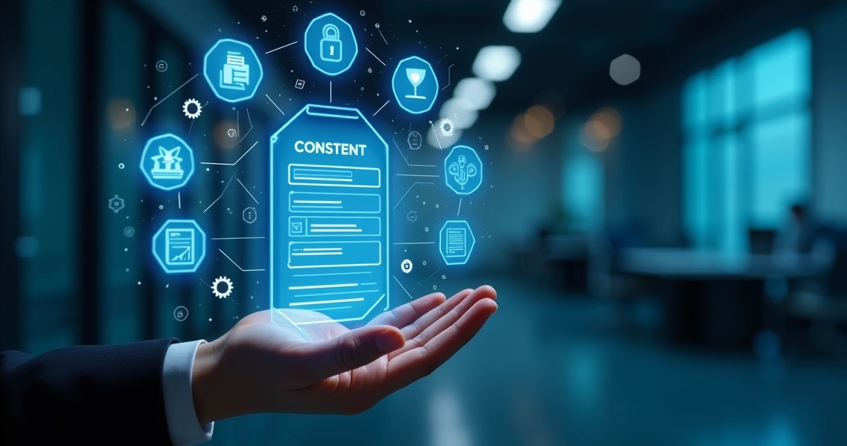 Tela digital mostrando registro de consentimento em plataforma online com ícones de privacidade e proteção de dados 