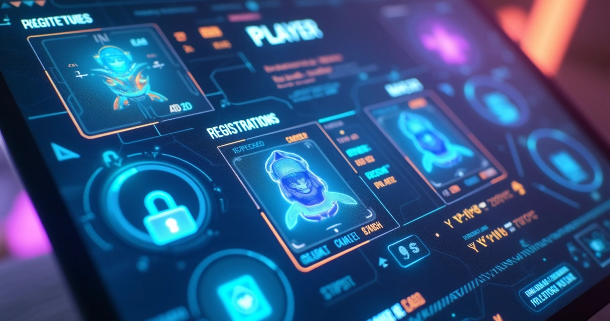 Tela digital de registro de conta com avatar de jogador e interface futurista colorida 
