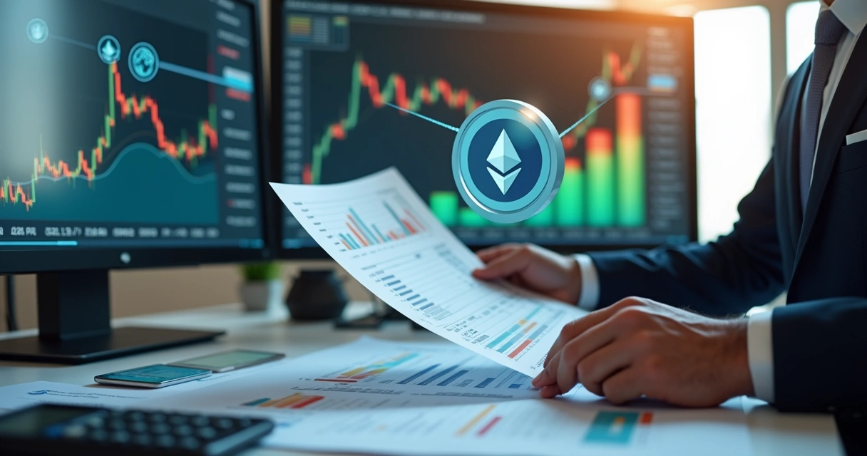 Pessoa analisando relatório contábil com gráficos digitais e moedas virtuais