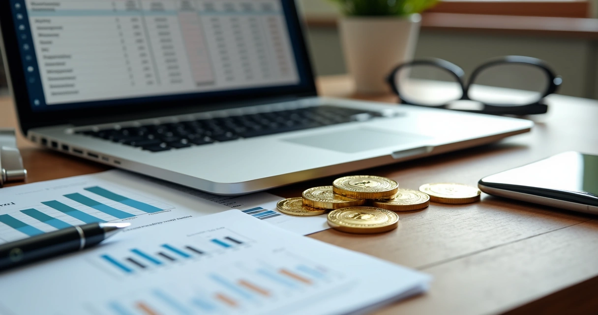 Mesa de escritório com laptop aberto mostrando planilha contábil, moedas digitais físicas e documentos fiscais organizados ao lado 