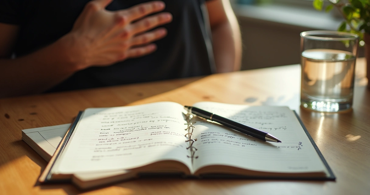 Cuaderno con notas sensoriales y mano en el pecho 