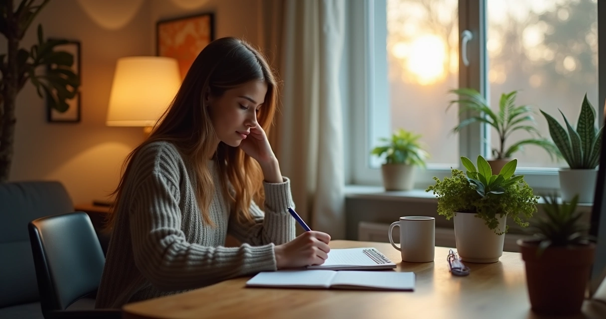Pessoa escrevendo em caderno, expressão reflexiva, ambiente tranquilo 